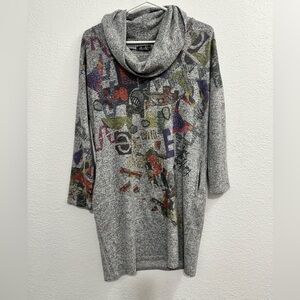 Inoah Womens Top Small Gray Colorful Abstract Oversized Stretch Cowl Neck Artsy